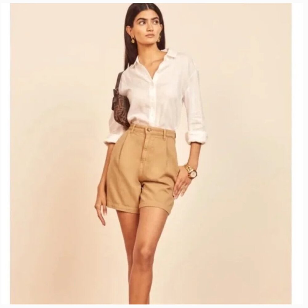 Reformation Tan High Waist Tailored Shorts